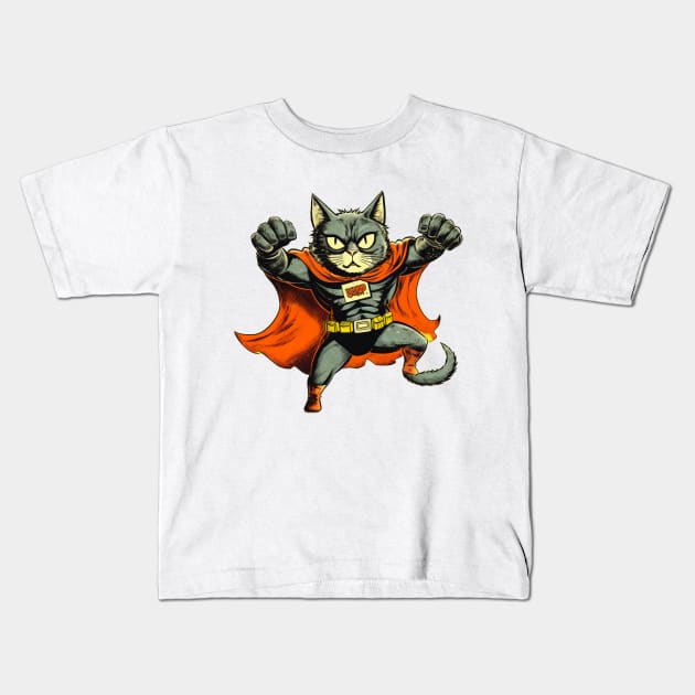 Superhero Cat Funny Cartoon Vintage Cat Superhero Drawing Kids T-Shirt by OscarVanHendrix